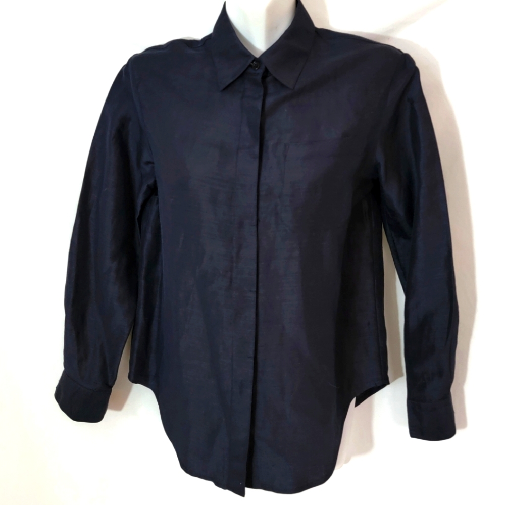 EMANUEL UNGARO GRUPPO GFT NAVY LINEN SILK 6 PETITE BLOUSE SHIRT BUTTON